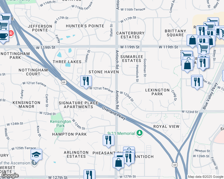 map of restaurants, bars, coffee shops, grocery stores, and more near 12114 Slater Street in Overland Park