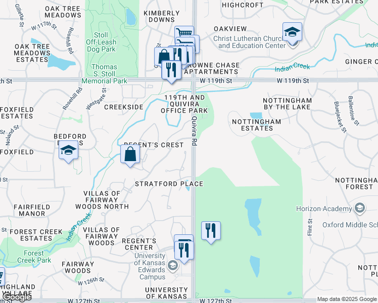 map of restaurants, bars, coffee shops, grocery stores, and more near 12009 Earnshaw St in Overland Park