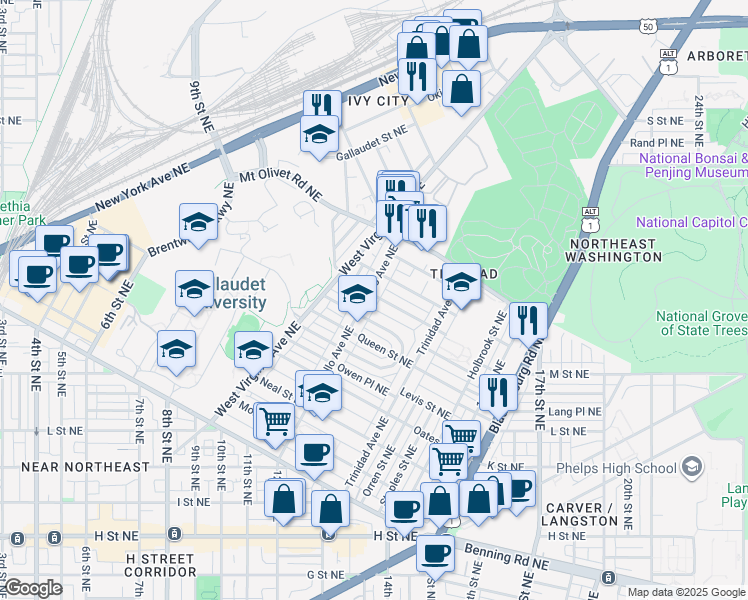 map of restaurants, bars, coffee shops, grocery stores, and more near 101 Independence Avenue Southeast in Washington