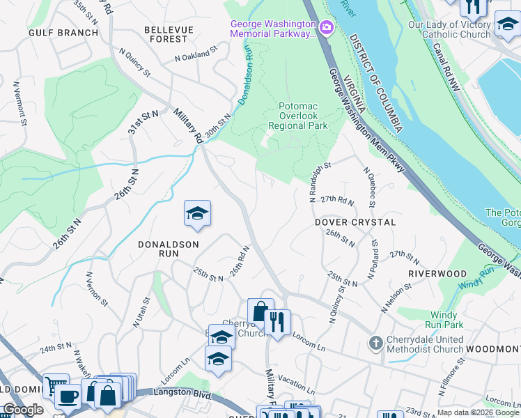 map of restaurants, bars, coffee shops, grocery stores, and more near 2617 Marcey Road in Arlington