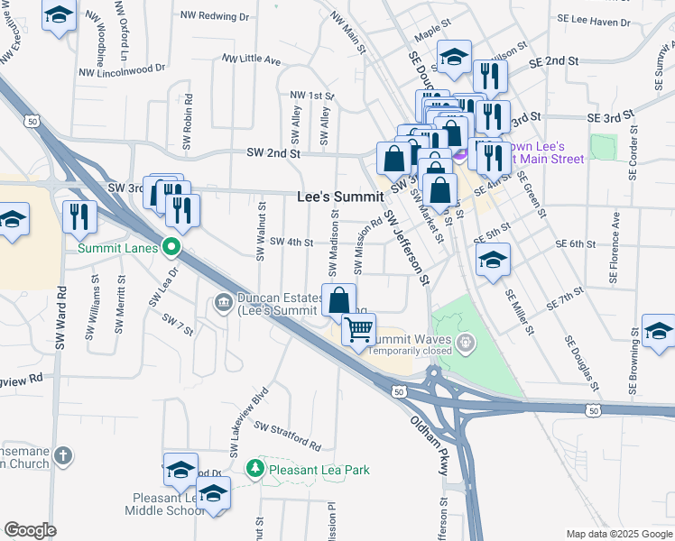 map of restaurants, bars, coffee shops, grocery stores, and more near 404 Southwest Madison Street in Lee's Summit