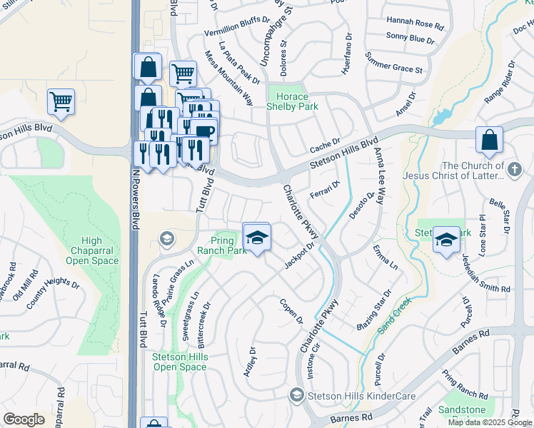 map of restaurants, bars, coffee shops, grocery stores, and more near 5381 Grantsville Grove in Colorado Springs