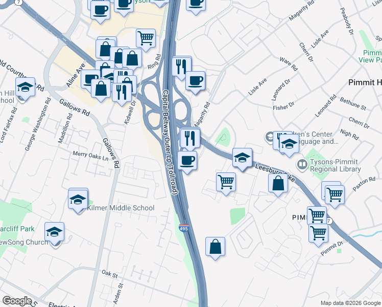 map of restaurants, bars, coffee shops, grocery stores, and more near 7801 Leesburg Pike in Falls Church