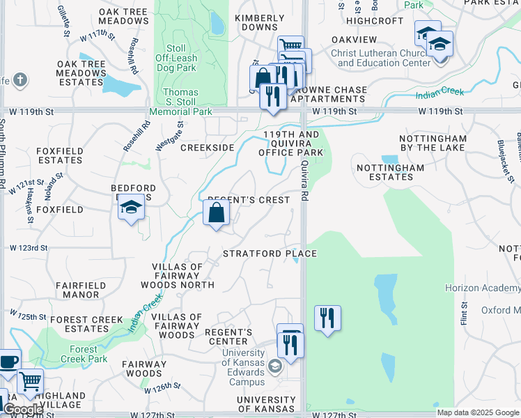 map of restaurants, bars, coffee shops, grocery stores, and more near 12401 West 120th Street in Overland Park