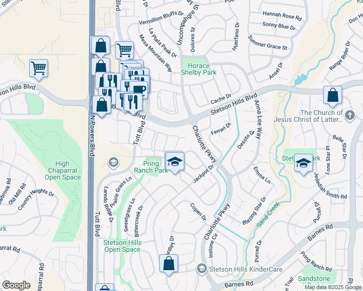 map of restaurants, bars, coffee shops, grocery stores, and more near 5381 Grantsville Grove in Colorado Springs