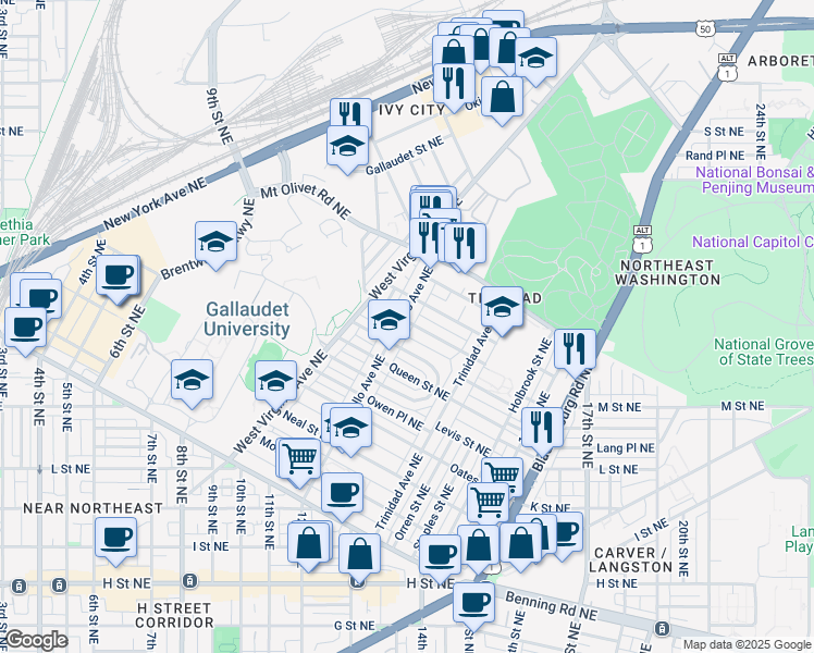 map of restaurants, bars, coffee shops, grocery stores, and more near 101 Independence Avenue Southeast in Washington