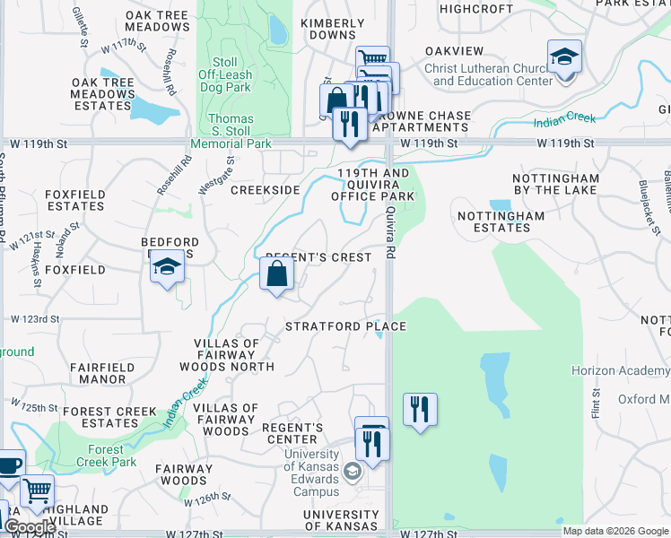 map of restaurants, bars, coffee shops, grocery stores, and more near 12401 West 120th Street in Overland Park