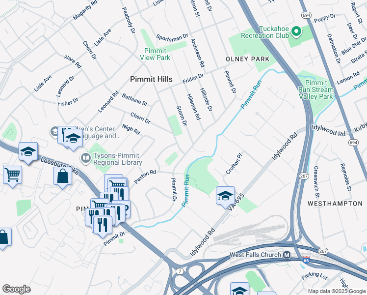 map of restaurants, bars, coffee shops, grocery stores, and more near 2033 Griffith Road in Falls Church