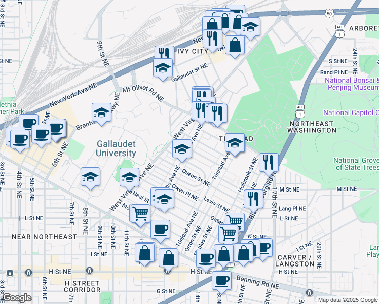 map of restaurants, bars, coffee shops, grocery stores, and more near 1643 Montello Avenue Northeast in Washington
