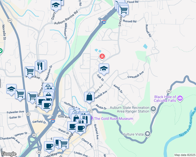 map of restaurants, bars, coffee shops, grocery stores, and more near 140 Oak Street in Auburn