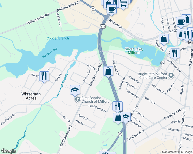 map of restaurants, bars, coffee shops, grocery stores, and more near 5845 Old Shawnee Road in Milford