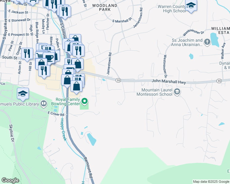 map of restaurants, bars, coffee shops, grocery stores, and more near 1029 Oakmont Drive in Front Royal