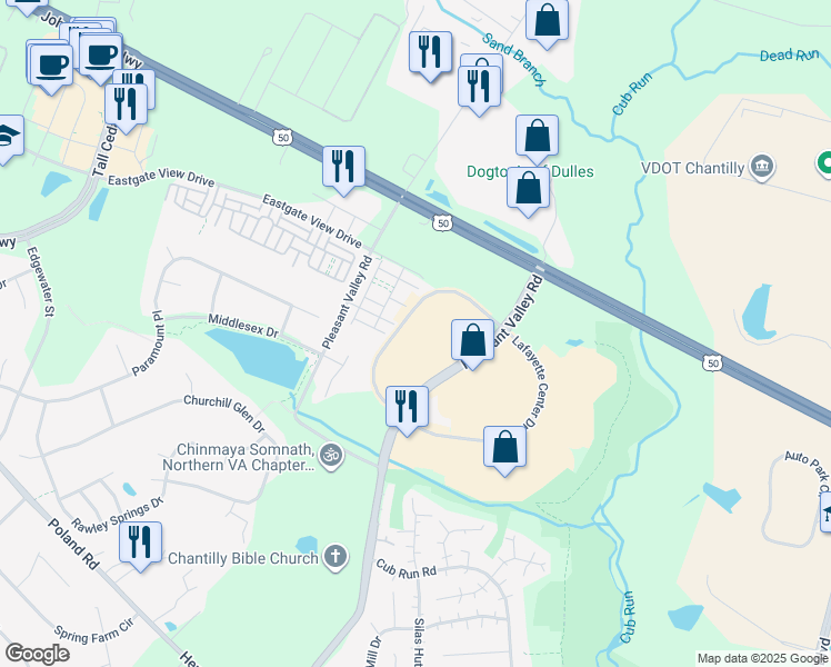 map of restaurants, bars, coffee shops, grocery stores, and more near 4227 Lafayette Center Drive in Chantilly