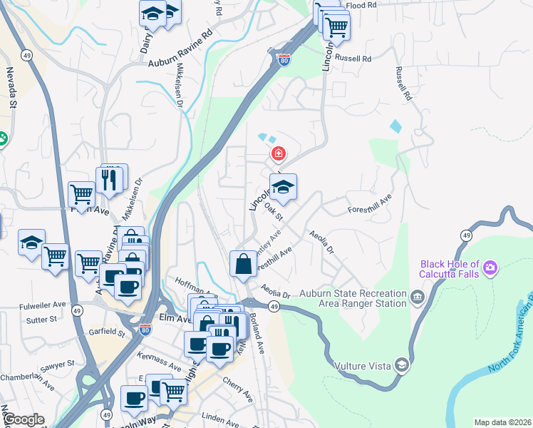 map of restaurants, bars, coffee shops, grocery stores, and more near 140 Oak Street in Auburn