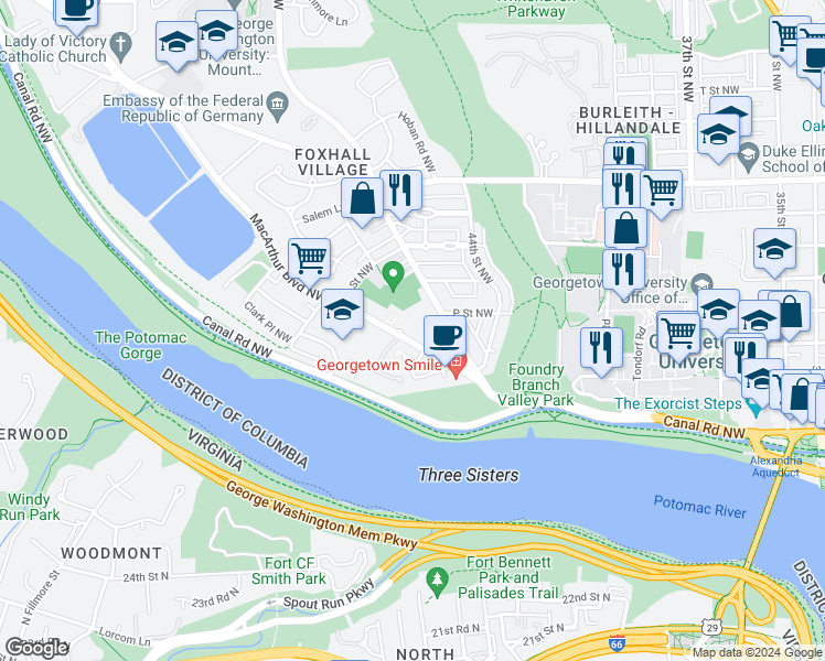map of restaurants, bars, coffee shops, grocery stores, and more near 4457 MacArthur Boulevard Northwest in Washington