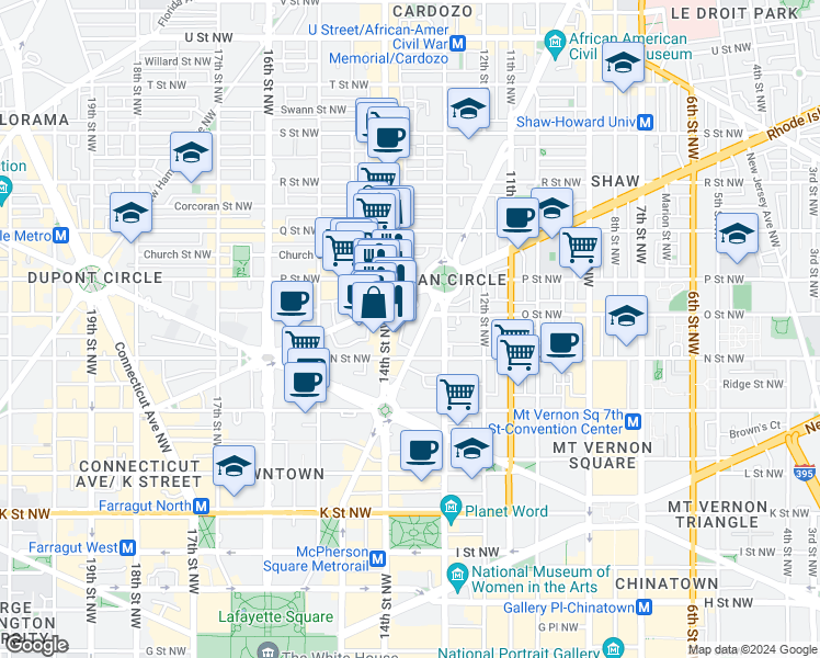 map of restaurants, bars, coffee shops, grocery stores, and more near 1316 Vermont Avenue Northwest in Washington