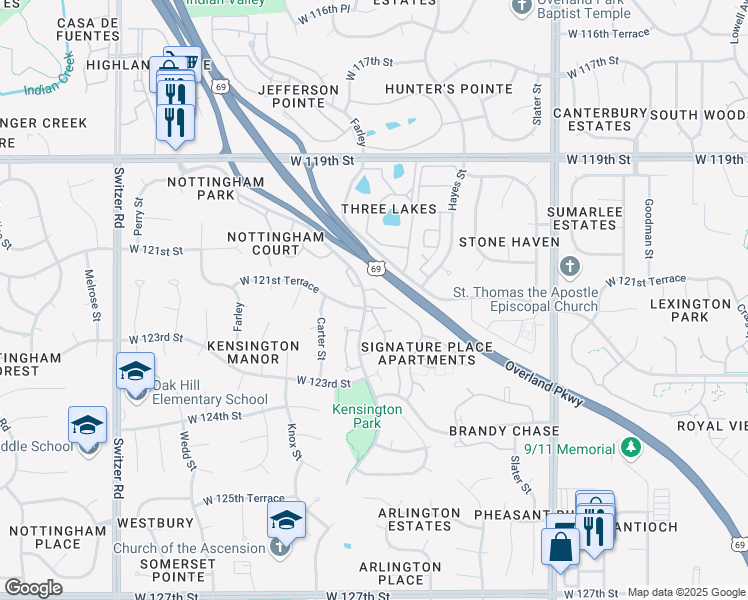 map of restaurants, bars, coffee shops, grocery stores, and more near 12101 Hayes Street in Overland Park