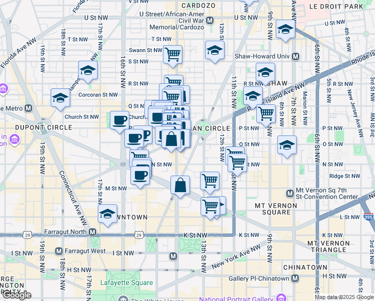 map of restaurants, bars, coffee shops, grocery stores, and more near 1316 Vermont Avenue Northwest in Washington