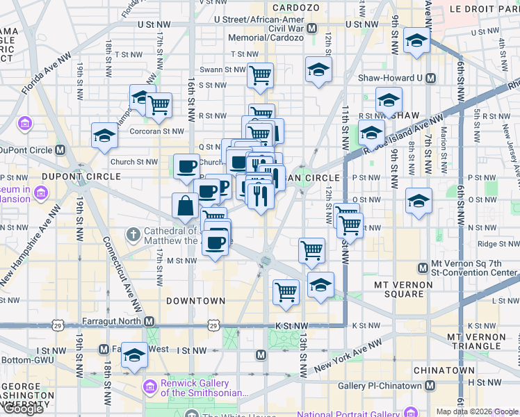map of restaurants, bars, coffee shops, grocery stores, and more near 1326 14th Street Northwest in Washington