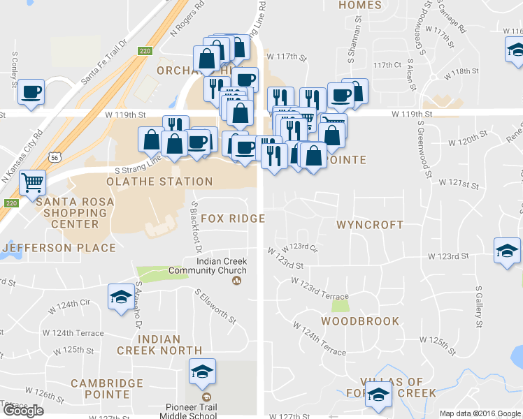 map of restaurants, bars, coffee shops, grocery stores, and more near 12235 South Blackbob Road in Olathe