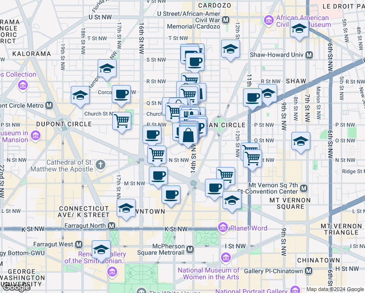map of restaurants, bars, coffee shops, grocery stores, and more near 1430 Rhode Island Avenue Northwest in Washington