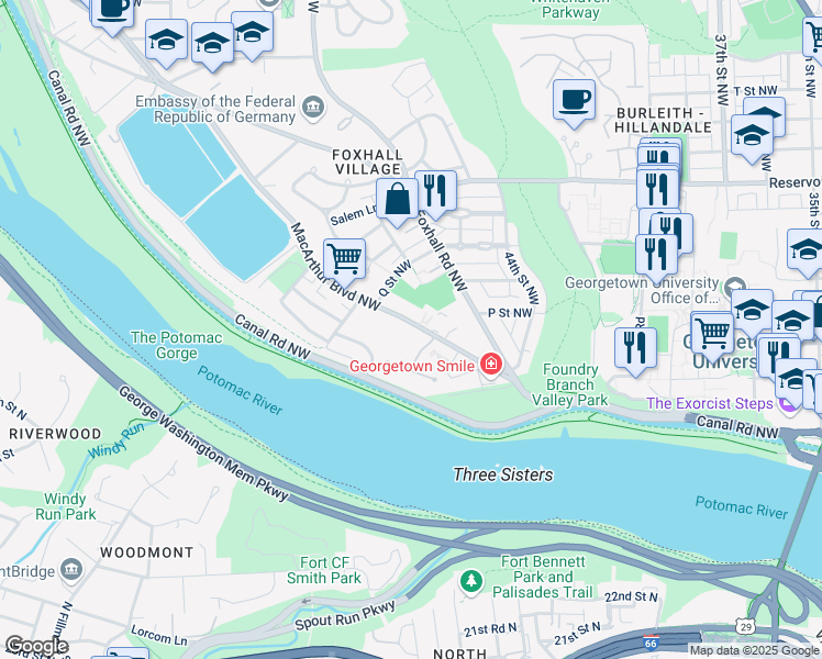 map of restaurants, bars, coffee shops, grocery stores, and more near 4482 MacArthur Boulevard Northwest in Washington