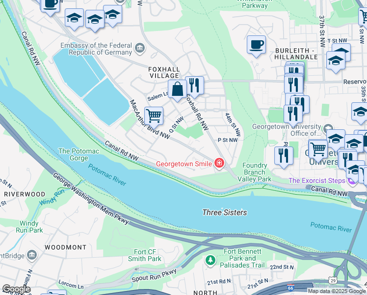 map of restaurants, bars, coffee shops, grocery stores, and more near 4482 MacArthur Boulevard Northwest in Washington