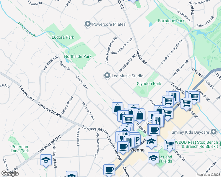 map of restaurants, bars, coffee shops, grocery stores, and more near 438 Park Street Northeast in Vienna