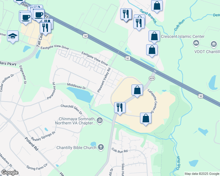 map of restaurants, bars, coffee shops, grocery stores, and more near 44153 Seawolve Square in Chantilly