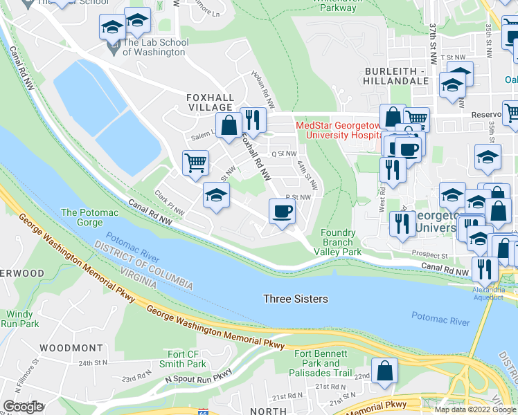 map of restaurants, bars, coffee shops, grocery stores, and more near 4459 MacArthur Boulevard Northwest in Washington