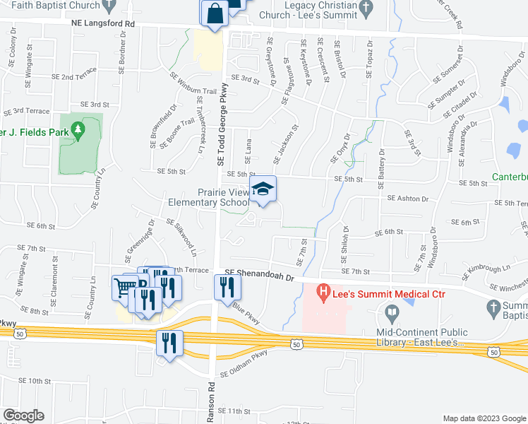 map of restaurants, bars, coffee shops, grocery stores, and more near 501 Southeast Todd George Parkway in Lee's Summit