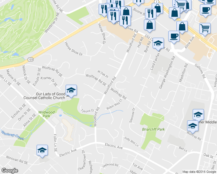 map of restaurants, bars, coffee shops, grocery stores, and more near Woodford Rd & Wolftrap Rd in Tysons Corner
