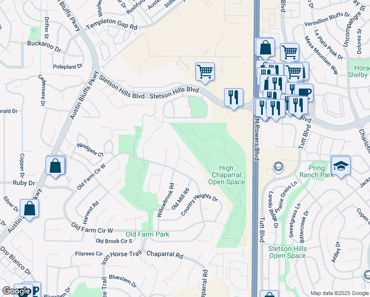 map of restaurants, bars, coffee shops, grocery stores, and more near 5257 Willowbrook Road in Colorado Springs