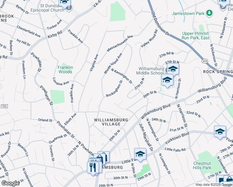 map of restaurants, bars, coffee shops, grocery stores, and more near 2025 Rockingham Street in McLean