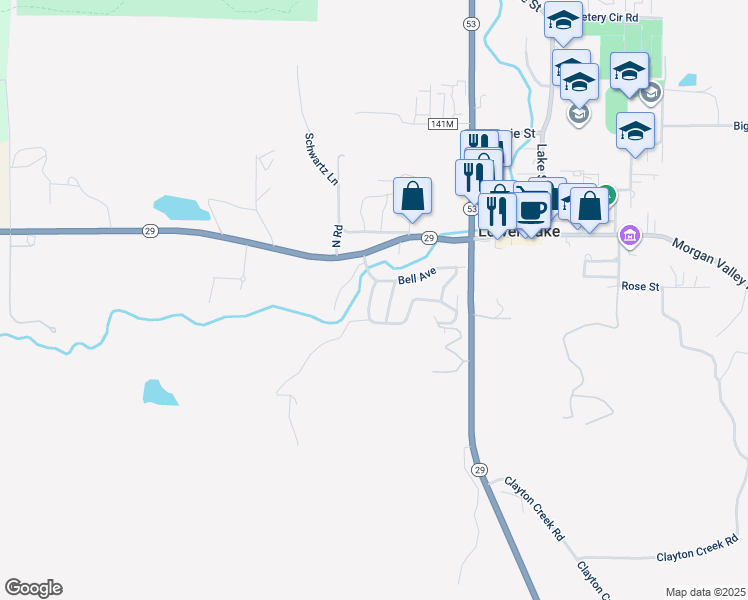 map of restaurants, bars, coffee shops, grocery stores, and more near 10122 Bell Circle South in Lower Lake