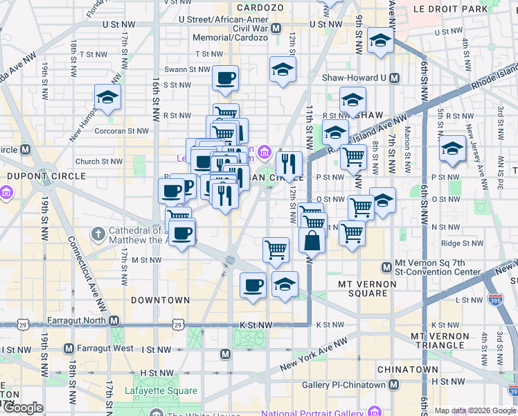 map of restaurants, bars, coffee shops, grocery stores, and more near 1335 Vermont Avenue Northwest in Washington