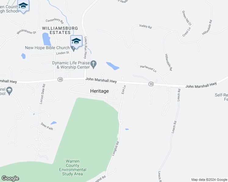map of restaurants, bars, coffee shops, grocery stores, and more near 15 Mount Vernon Court in Front Royal