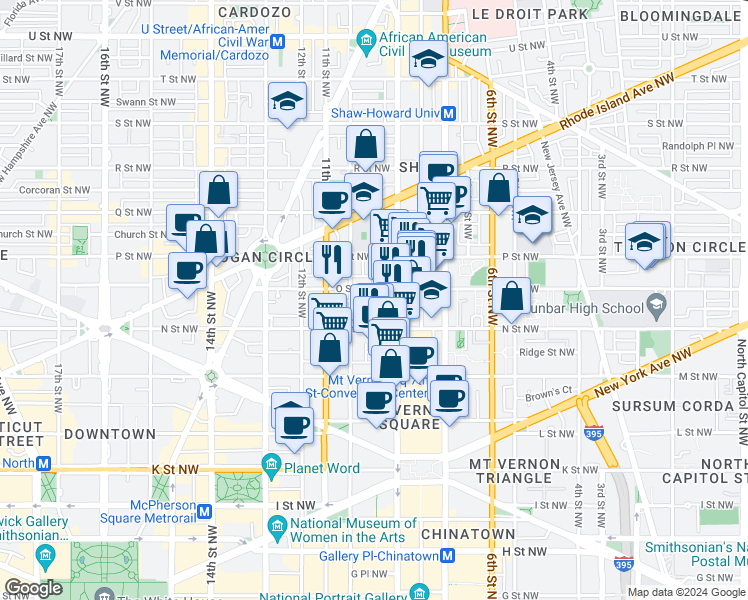 map of restaurants, bars, coffee shops, grocery stores, and more near 924 O Street Northwest in Washington