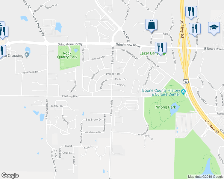 map of restaurants, bars, coffee shops, grocery stores, and more near 2309 Churchill Court in Columbia