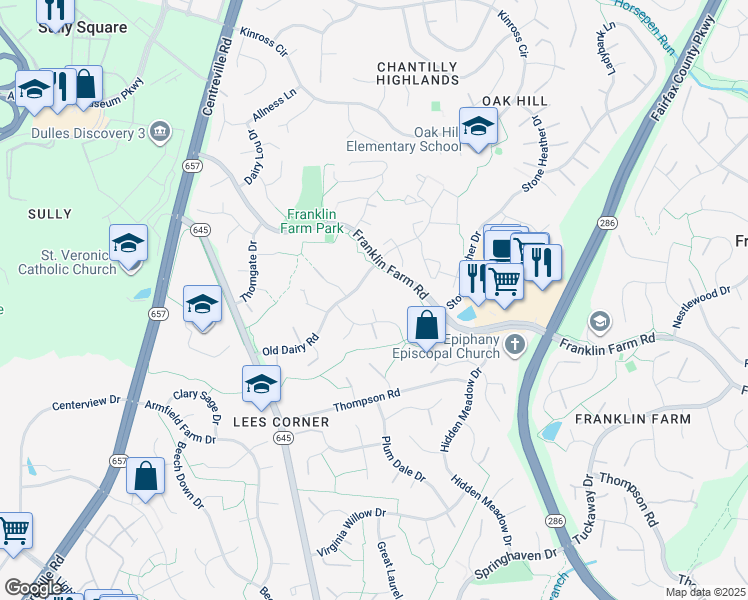 map of restaurants, bars, coffee shops, grocery stores, and more near 3401 Brightfield Court in Herndon