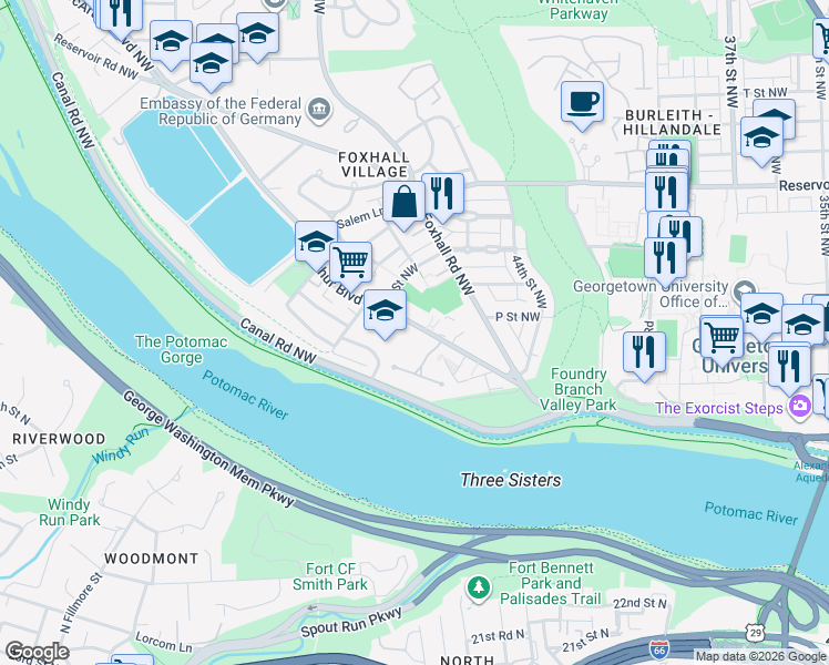 map of restaurants, bars, coffee shops, grocery stores, and more near 4486 MacArthur Boulevard Northwest in Washington