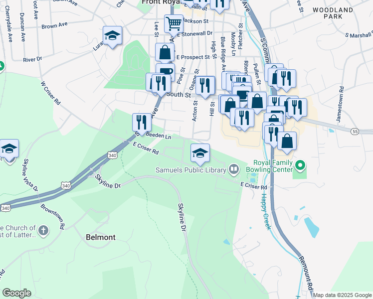map of restaurants, bars, coffee shops, grocery stores, and more near 712 Parkview Drive in Front Royal
