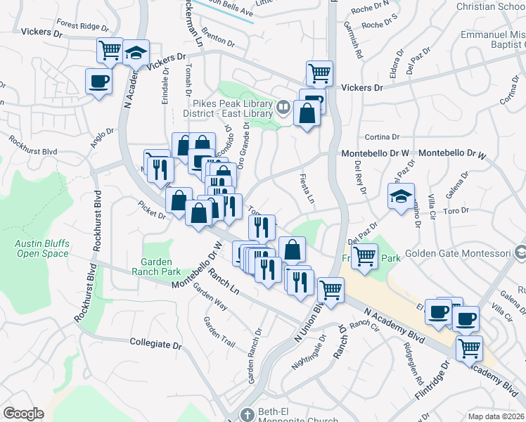 map of restaurants, bars, coffee shops, grocery stores, and more near 2630 Tomah Place in Colorado Springs