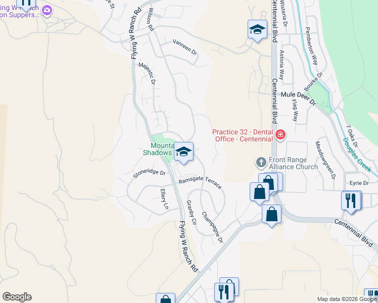 map of restaurants, bars, coffee shops, grocery stores, and more near 5150 Champagne Drive in Colorado Springs