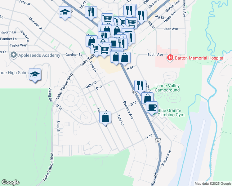 map of restaurants, bars, coffee shops, grocery stores, and more near 1116 Bonanza Avenue in South Lake Tahoe