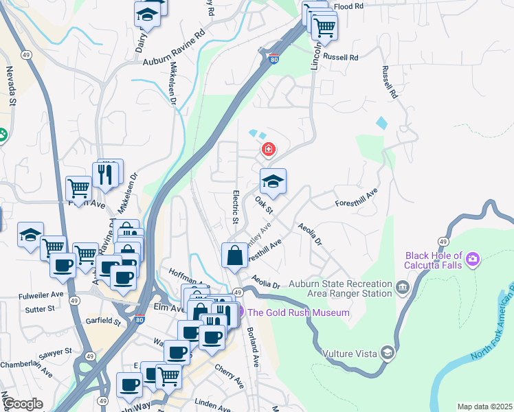 map of restaurants, bars, coffee shops, grocery stores, and more near 126 Oak Street in Auburn