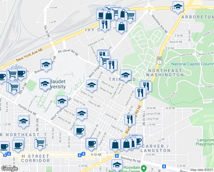 map of restaurants, bars, coffee shops, grocery stores, and more near 101 Independence Avenue Southeast in Washington