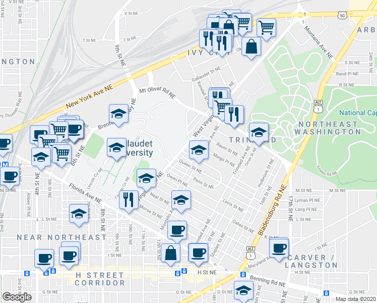 map of restaurants, bars, coffee shops, grocery stores, and more near 101 Independence Avenue Southeast in Washington