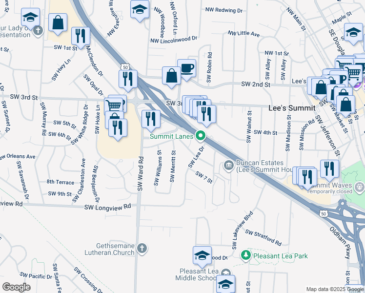 map of restaurants, bars, coffee shops, grocery stores, and more near 819 Southwest 6th Street in Lee's Summit