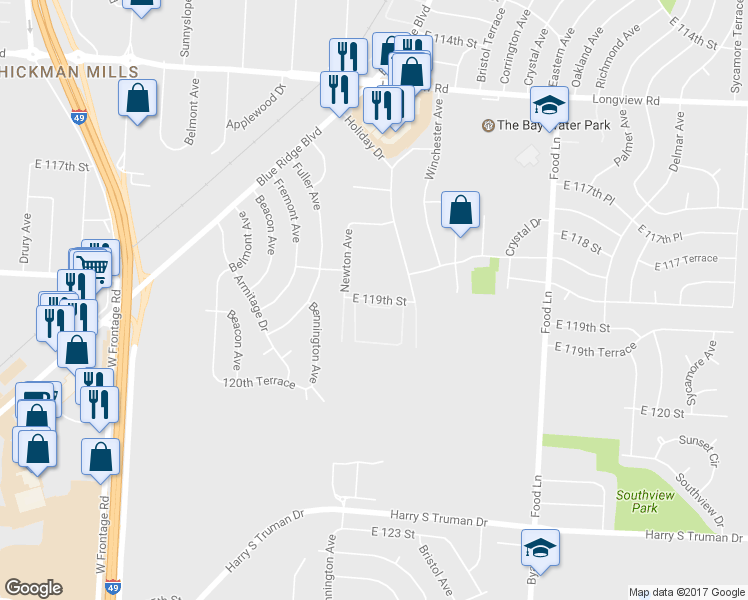 map of restaurants, bars, coffee shops, grocery stores, and more near 0 Grandview Drive in Warrensburg